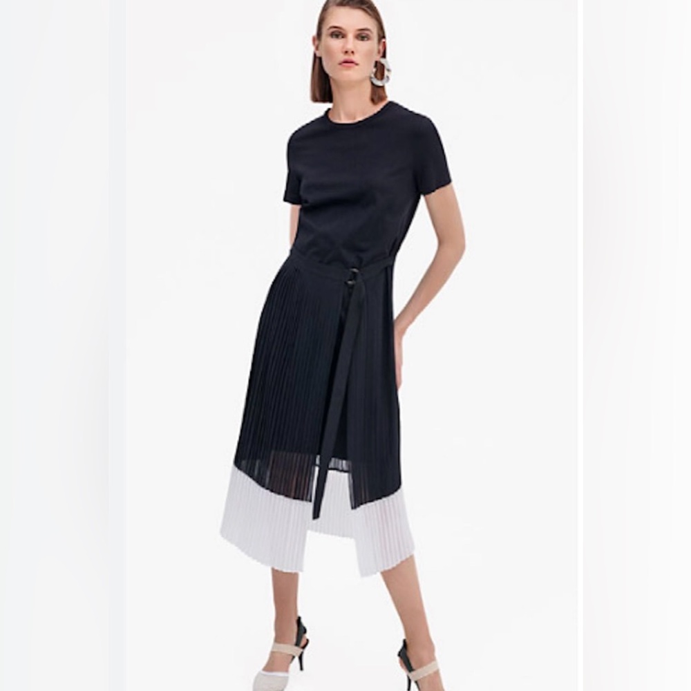 RIANI Midi Dress T Shirt Top Pleated Skirt Attached Lux Black White SZ 12 EUC